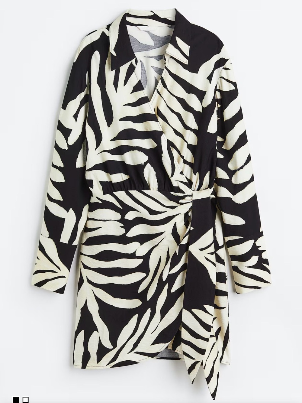 H&M | Black and Cream Linen-Like Mini Wrap Dress with Tropical Leaf Print | Sz L